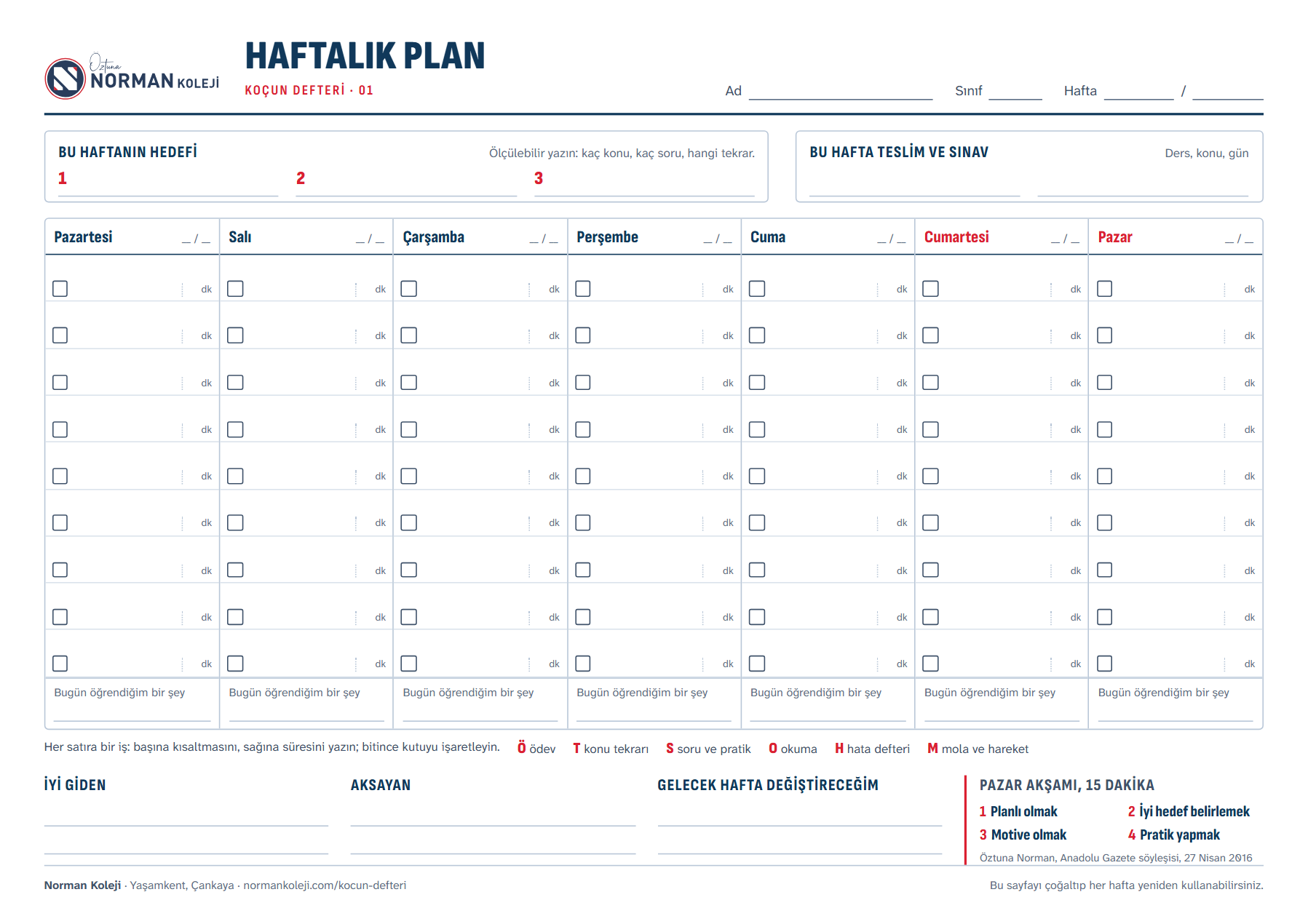 Koçun Defteri haftalık plan sayfasının önizlemesi: günlere bölünmüş plan tablosu.