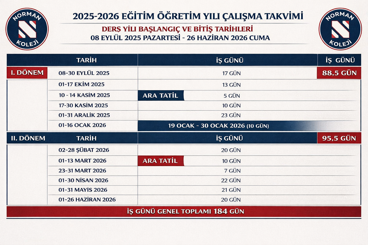 2025-2026 Eğitim-Öğretim yılı Akademik Takvimi